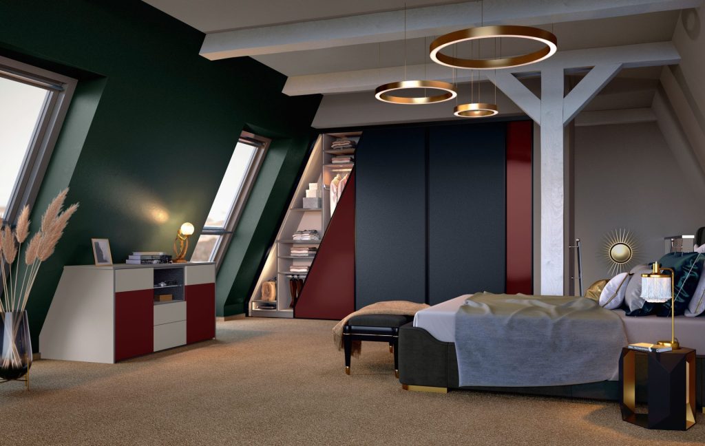 Ein gemütliches Schlafzimmer mit Bett, Kommode, Lampe und Stuhl, die zum Entspannen und Wohlfühlen eingerichtet sind.